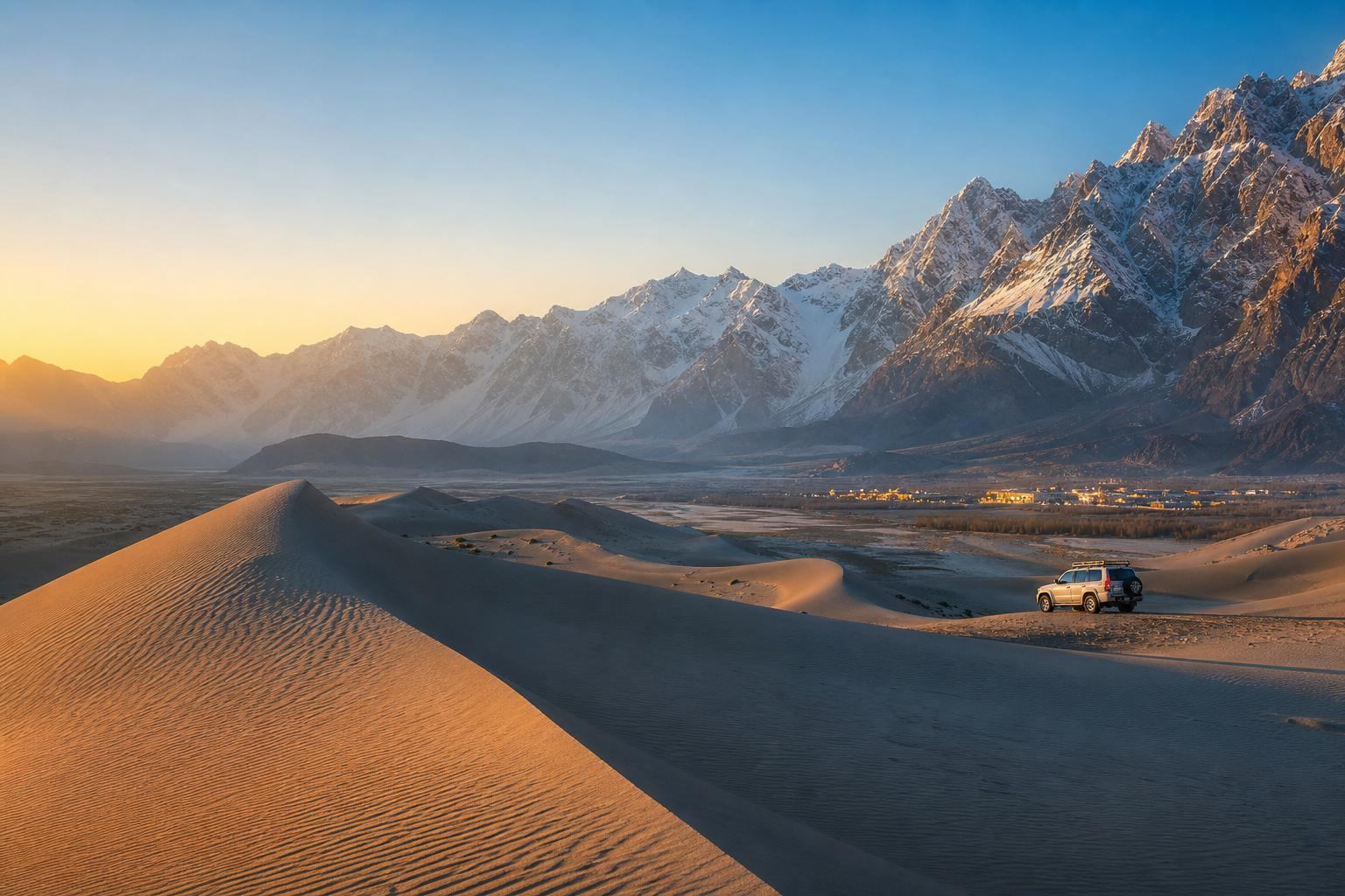 Tour vehicle beside the cold-desert dunes and mountains at Katpana near Skardu
